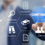 Fintech securities class action suits concept with icons for regulations, law, standards, requirements and audit on a virtual screen with a business person touching a screen.