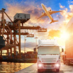 The image illustrates decentralised finance in trade through logistics and transportation of cargo ships and cargo planes at shipyards.