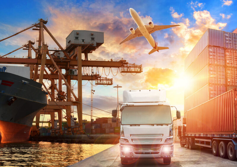The image illustrates decentralised finance in trade through logistics and transportation of cargo ships and cargo planes at shipyards.