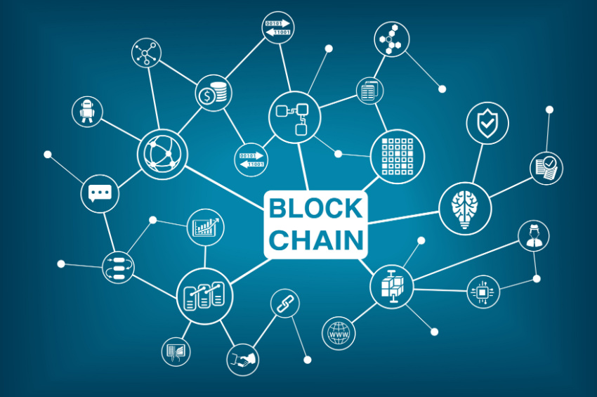 Vector illustration of blockchain challenges in trade finance with the "blockchain" word and icons.