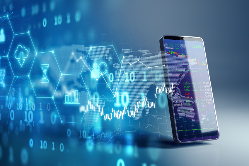 Double exposure image with financial graph and technology element on mobile phone illustrates SVB's failure and its impact on finance.