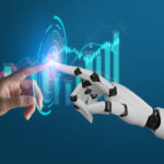 Robot hand and human hand touching together illustrate AI in fintech fraud detection.
