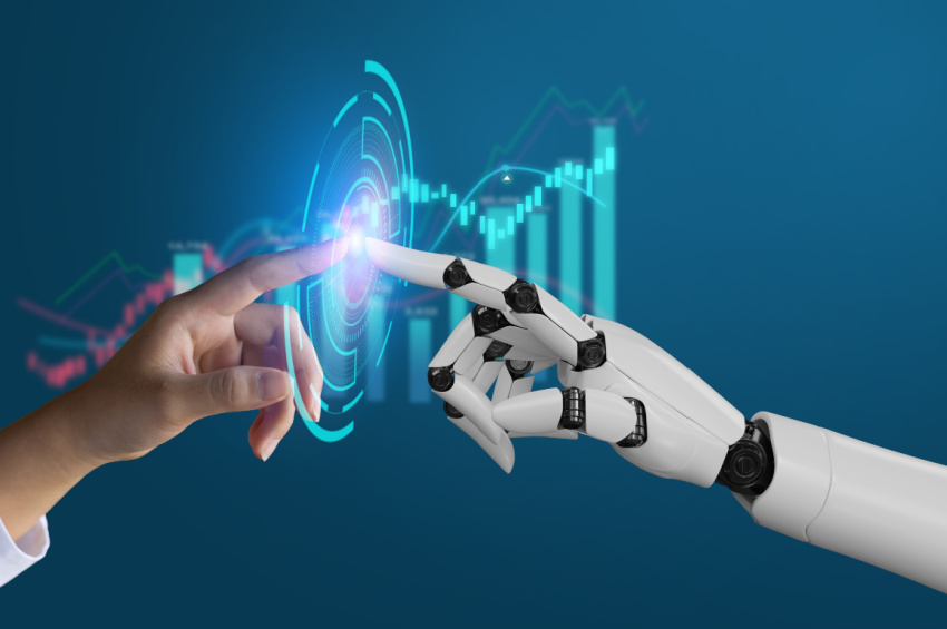 Robot hand and human hand touching together illustrate AI in fintech fraud detection.