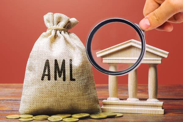 Money bag with AML written on it kept on coins and a hand holding a magnifier on the image of a bank building.