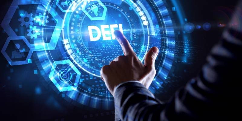 Image of a person pointing at decentralized Finance on dark blue abstract polygonal background.