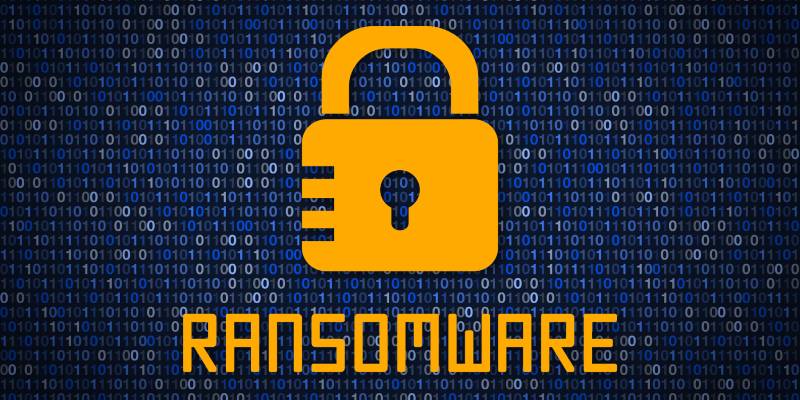 Image of a lock with the term Ransomware mentioned on binary codes.