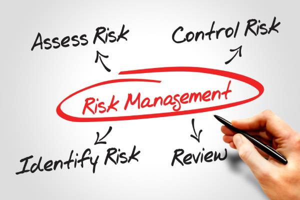 A persons hand holding a pen,pointing at the risk management process shown on a paper.