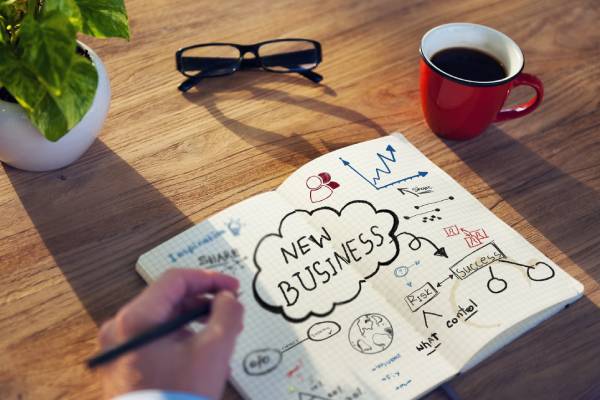 A persons hand draving a plan of a startup businesswith a cup of coffee and spectacles kept on the table.