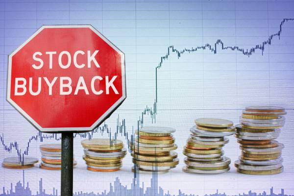 Stock buyback sign kept in front of a graph and coins background.