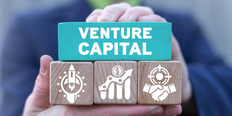 Image of a person holding wooden blocks with the word venture capital and related icons mentioned on it.